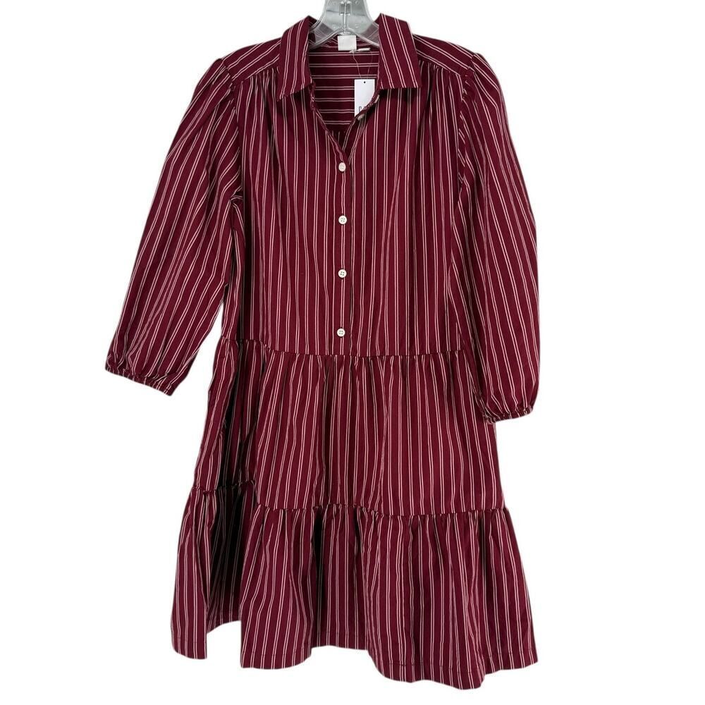 GAP Dress Collared Poplin Tiered Puff Sleeve Size S 3/4 Sleeves Mini Red Striped